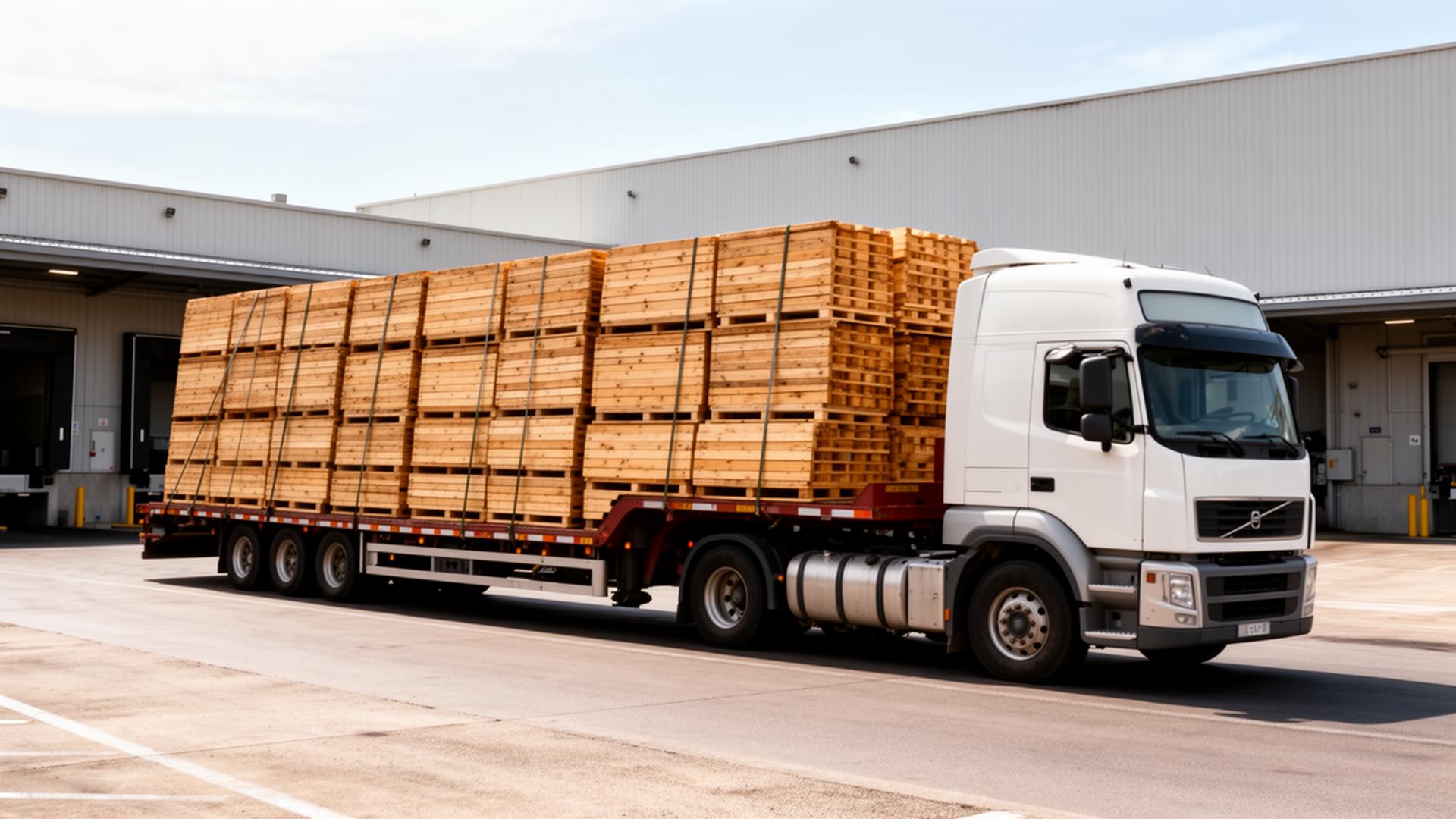 Flatbed truck loaded with strapped pallets delivering to a distribution center