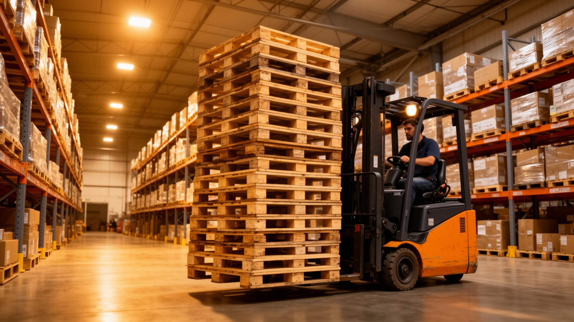 Forklift moving a tall stack of pallets inside a warehouse