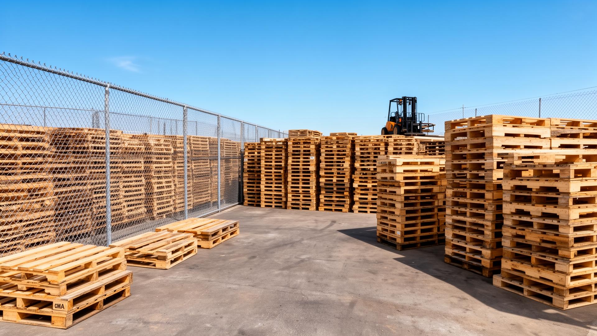 Industrial pallet yard with rows of stacked wooden pallets
