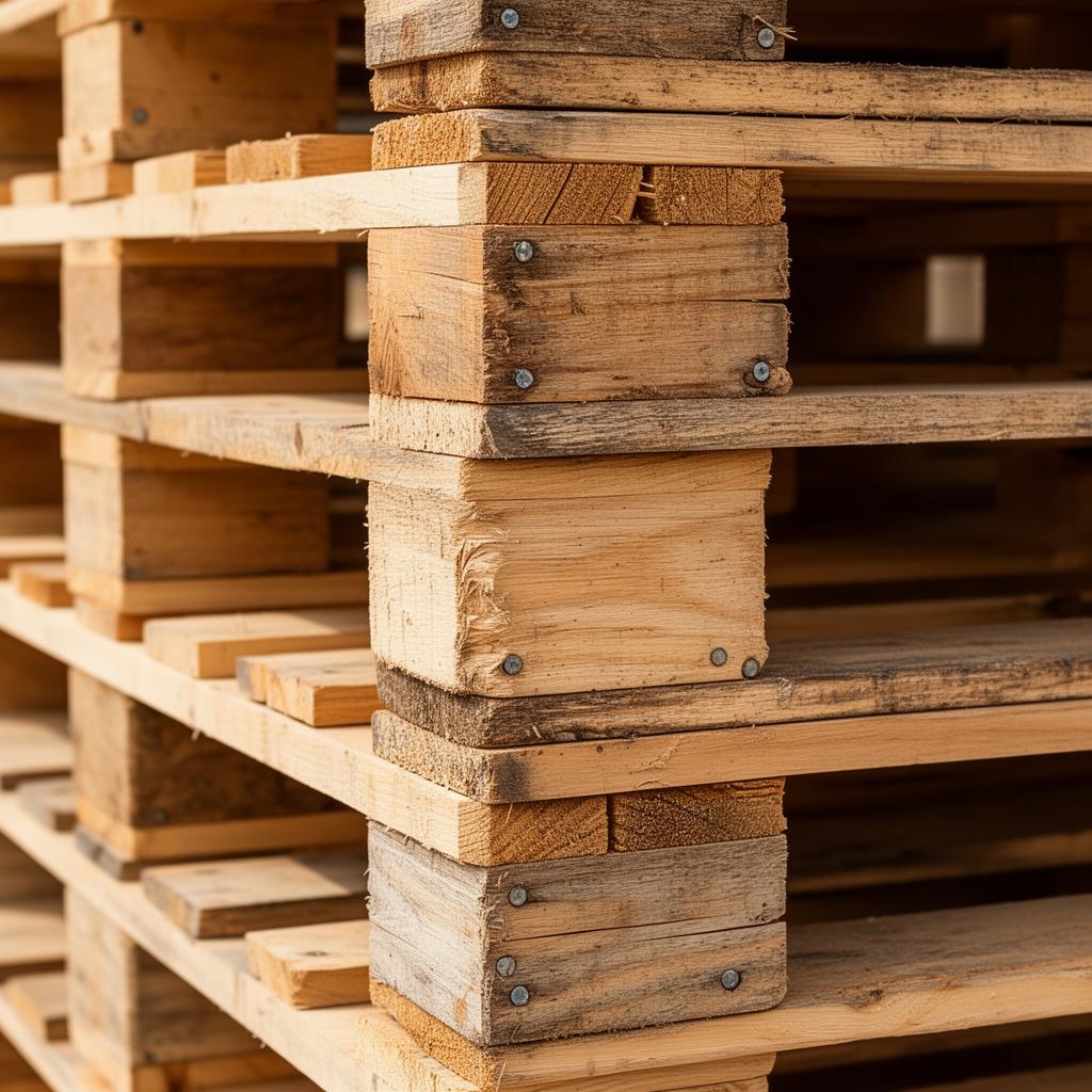 Close-up of cleanly stacked new and used wooden pallets