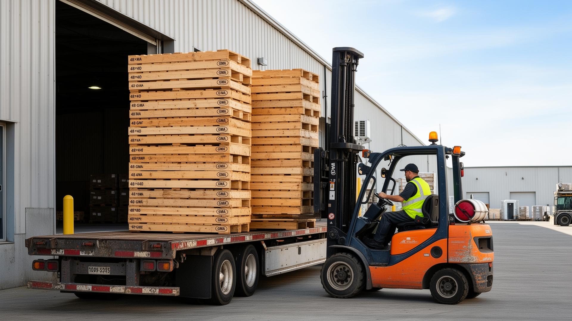 Forklift loading stacked 48x40 GMA pallets onto a flatbed truck